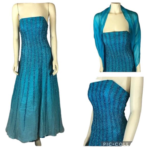 Alyce Designs Dresses & Skirts - Vintage Alyce Designs 80s Strapless Beaded Blue Prom Evening Gown scarf size 8